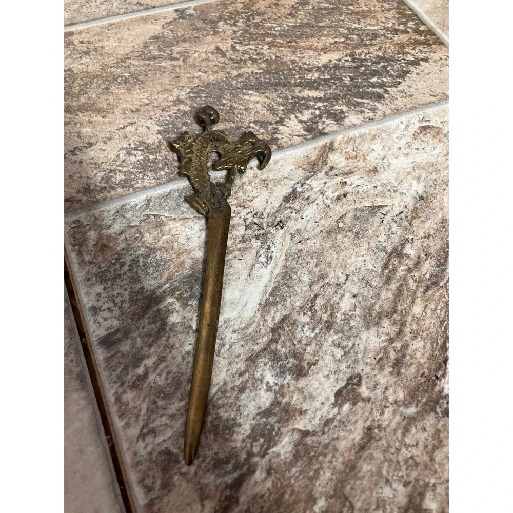 Vintage Brass Dragon Letter Opener Antique Gold Metal Desk Accessory 6.75 Inch